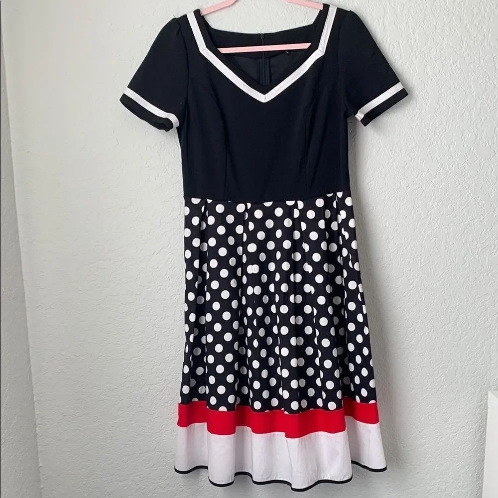 Black and White Polka Dot Dress with Red Trim Size L